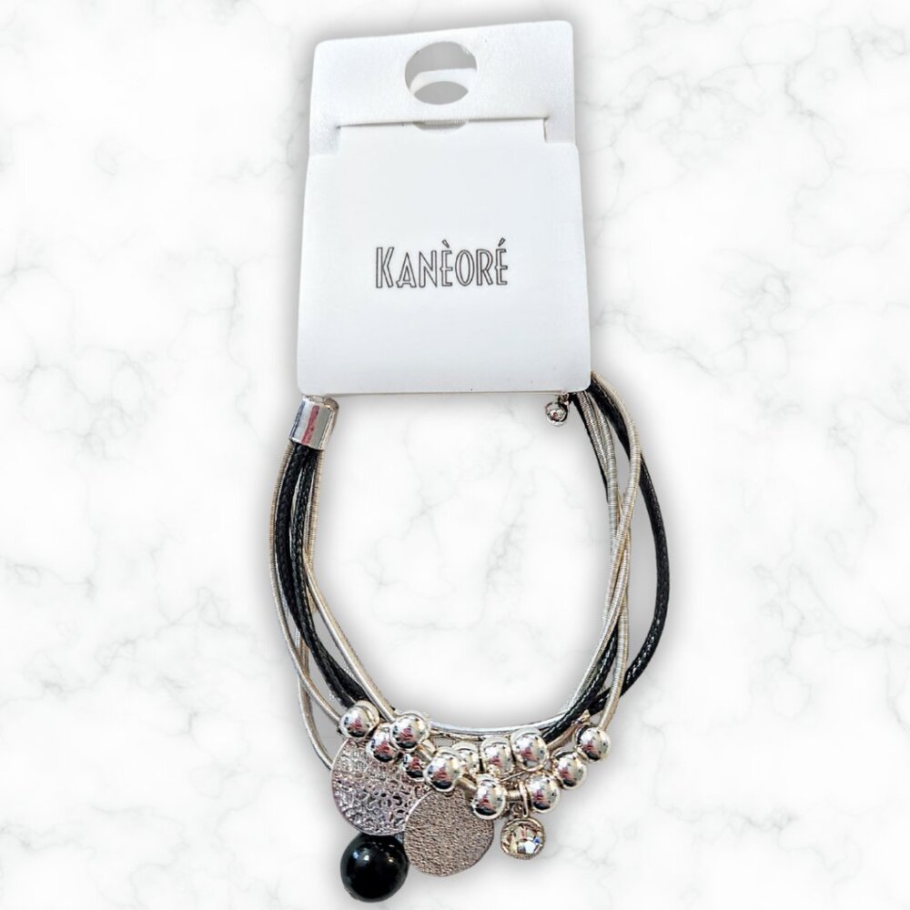 NWT Kanèoré Women's Multistrand Black and Silver Tone Chain and Cord Bracelet